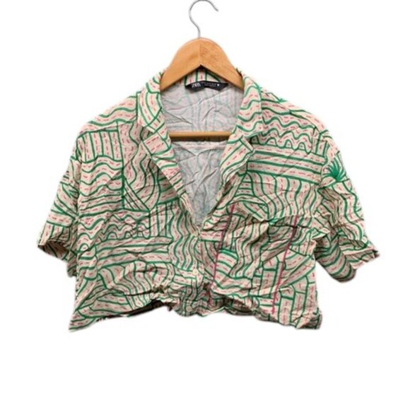 ZARA Cropped Button Up Shirt Women’s Size XS Green Abstract Print Short Sleeve - Picture 1 of 8